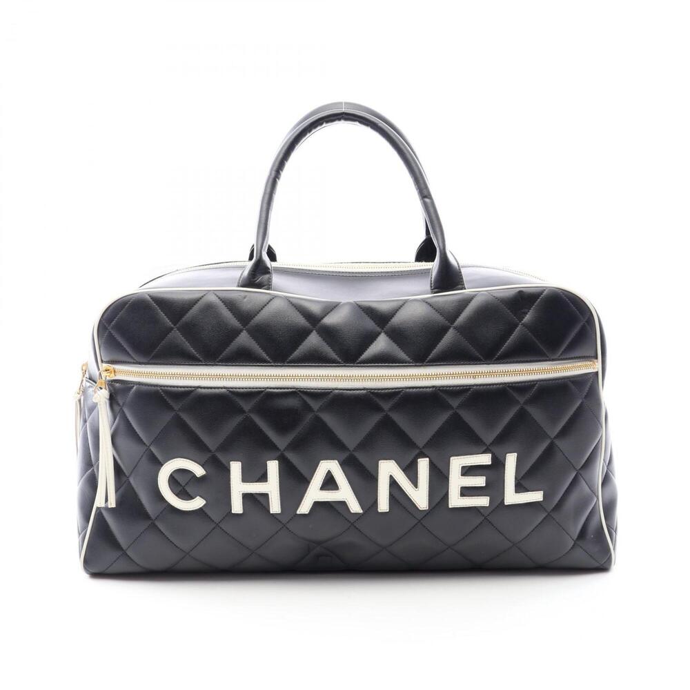 Chanel Matelassé Logo Bowling Bag Boston Handbag Leather Women's Black/White